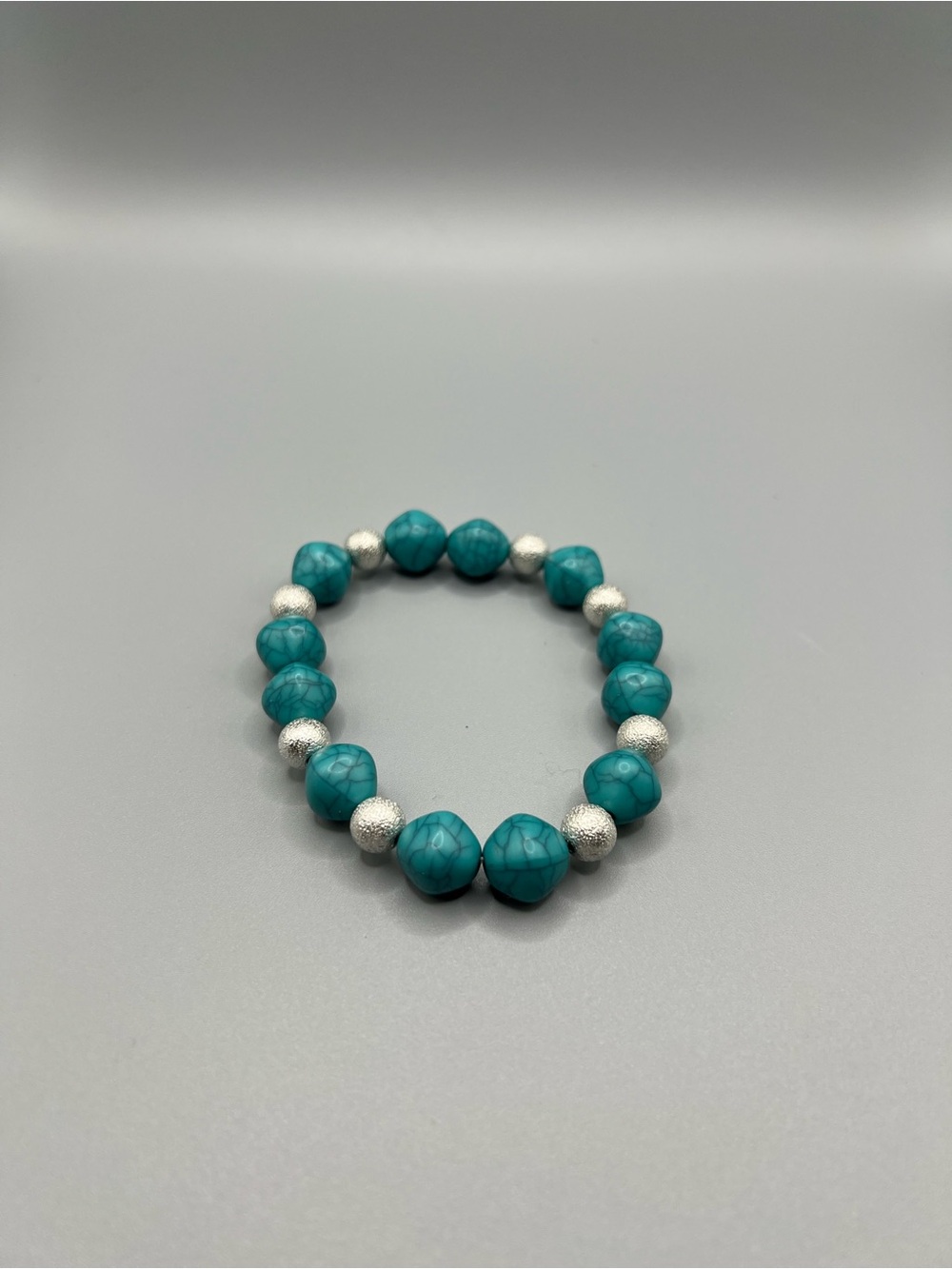 Turquoise Beaded Stretch Bracelet with Silver Accent Beads - Handmade #B0353T